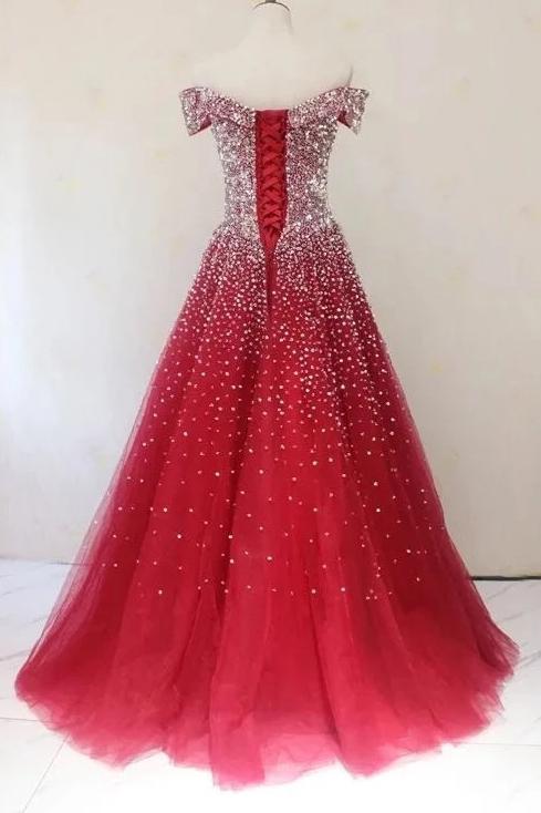 Sparkly off-shoulder ball gown prom dresses beaded evening dress mg282
