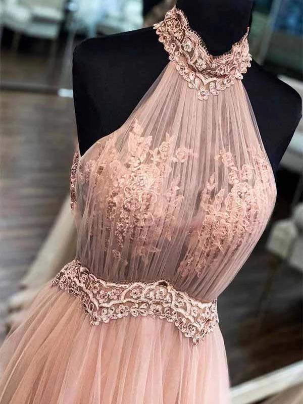 Chic halter formal prom dress tulle lace appliques a line evening dress mg240