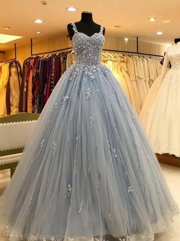 Ball gown straps long prom dress blue lace appliques quinceanera dress mg241