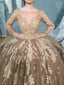 Vintage Ball Gown Round Neck Prom Dresses, Long Sleeves Lace Appliques Evening Dress PD182