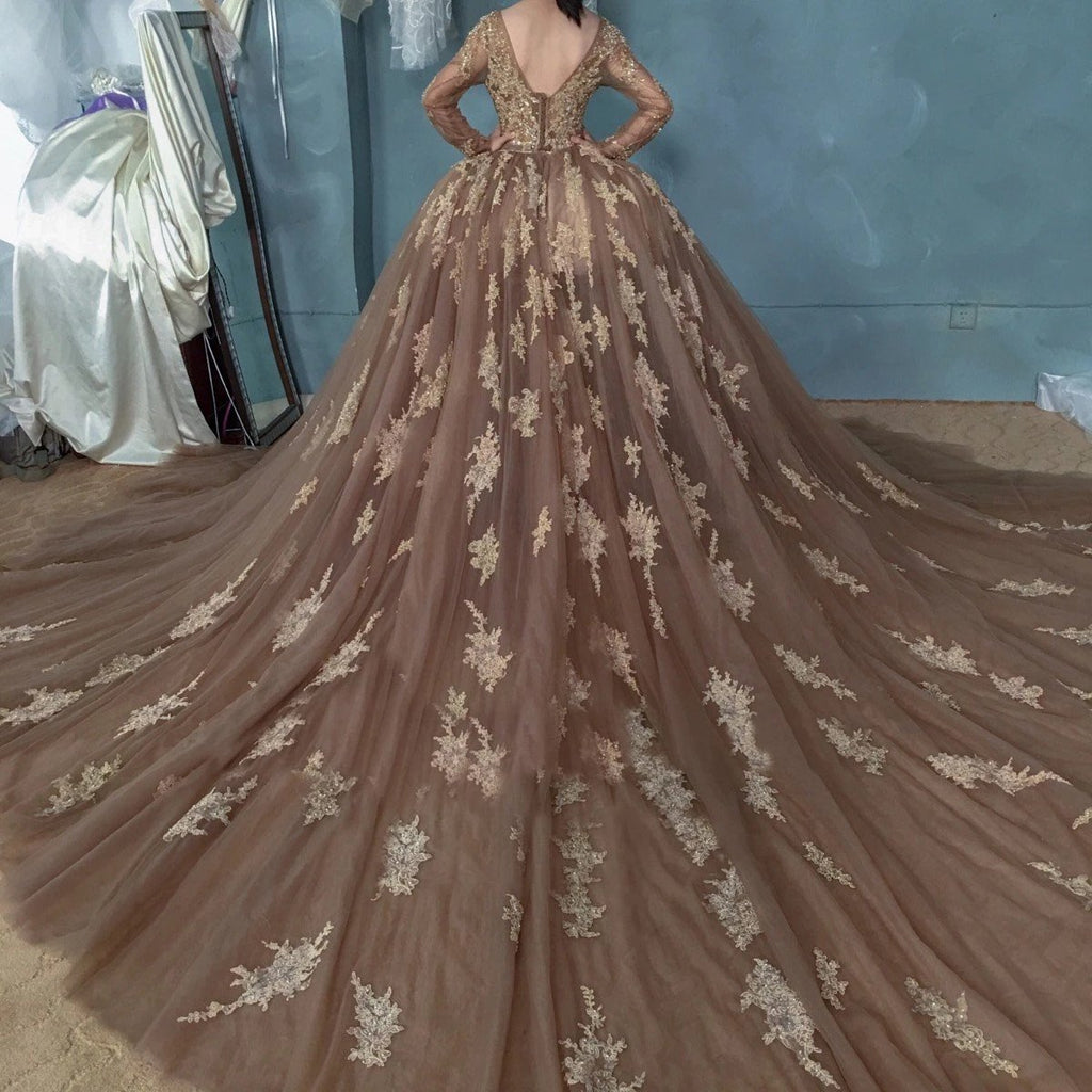 Vintage sheer neck ball gown prom dress, long sleeves evening dress mg283