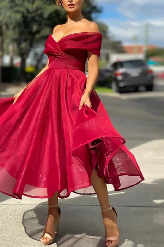 A Line Off the Shoulder Pink Tulle Short Prom Dresses with Pockets, Homecoming Dress OMH0046