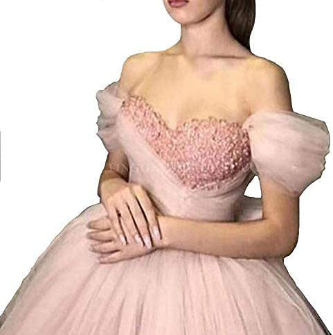 Pink Tulle Off the Shoulder Prom Dresses with Lace Up, Sweetheart Formal Gowns OM0279