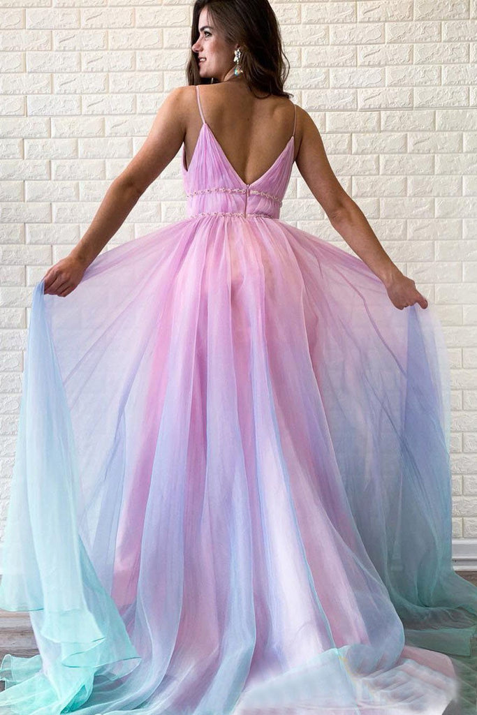 Ombre Spaghetti Straps Sleeveless A Line Prom Dress PDO83