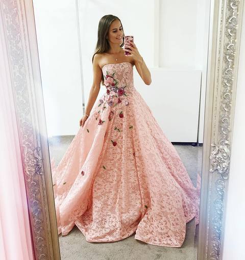 Strapless Pink Lace Long Ball Gown with Floral Embroidery Cheap Prom Dresses PDJ33