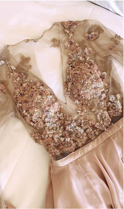 Long Sleeve See Through V Neck Prom Dresses Side Slit Formal Prom Party Dress PDH65