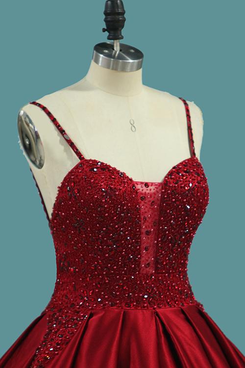 Burgundy Spaghetti Straps Beading Prom Dresses, Princess Ball Gown PDJ7