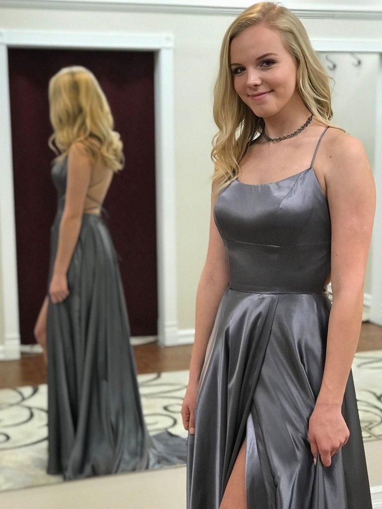 Grey Spaghetti Strap A Line Prom Dress Sexy Long Split Evening Dresses PDJ88