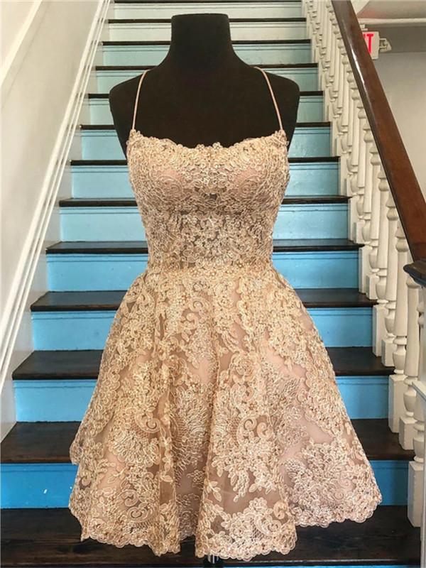 Spaghetti Straps Criss Cross Back A Line Lace Homecoming Dresses PDO76