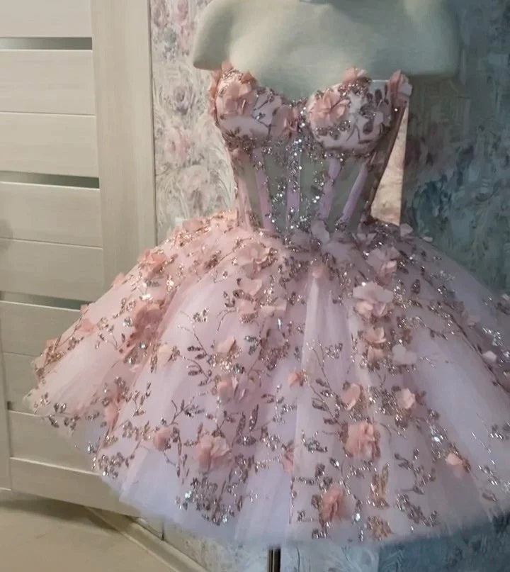 Ball Gown Pink Strapless 3D Floral Appliques Short Prom Dresses, Homecoming Dress OMH0241