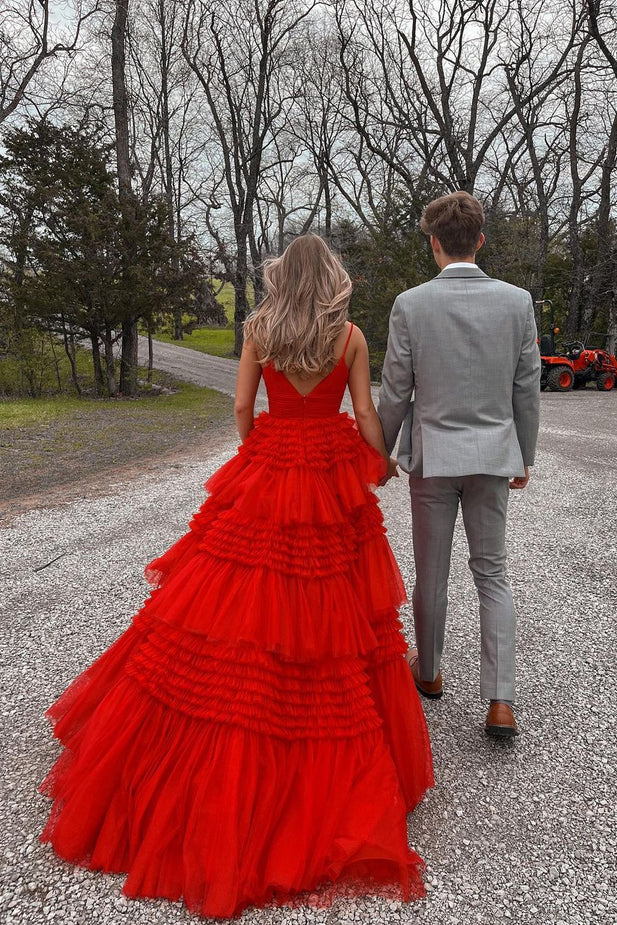 Ball Gown Red V Neck Spaghetti Straps Tulle Tiered Prom Dress, Graduation Dresses OM0321