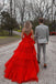 Ball Gown Red V Neck Spaghetti Straps Tulle Tiered Prom Dress, Graduation Dresses OM0321