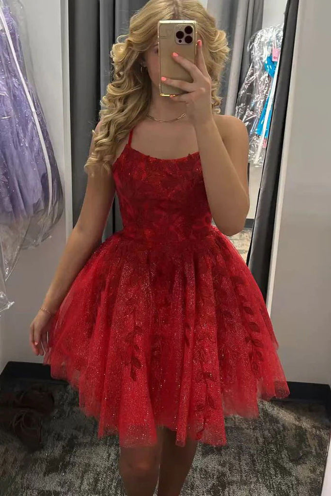 A line Lavender Tulle Lace Appliques Short Homecoming Dresses, Sparkly Sleeveless Party Dress OMH0251