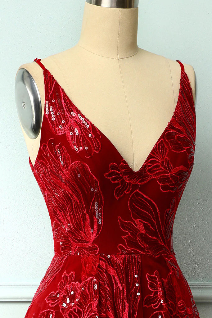 A Line Red Lace Spaghetti Straps V neck Asymmetrical Sequins Homecoming Dresses OMH0119