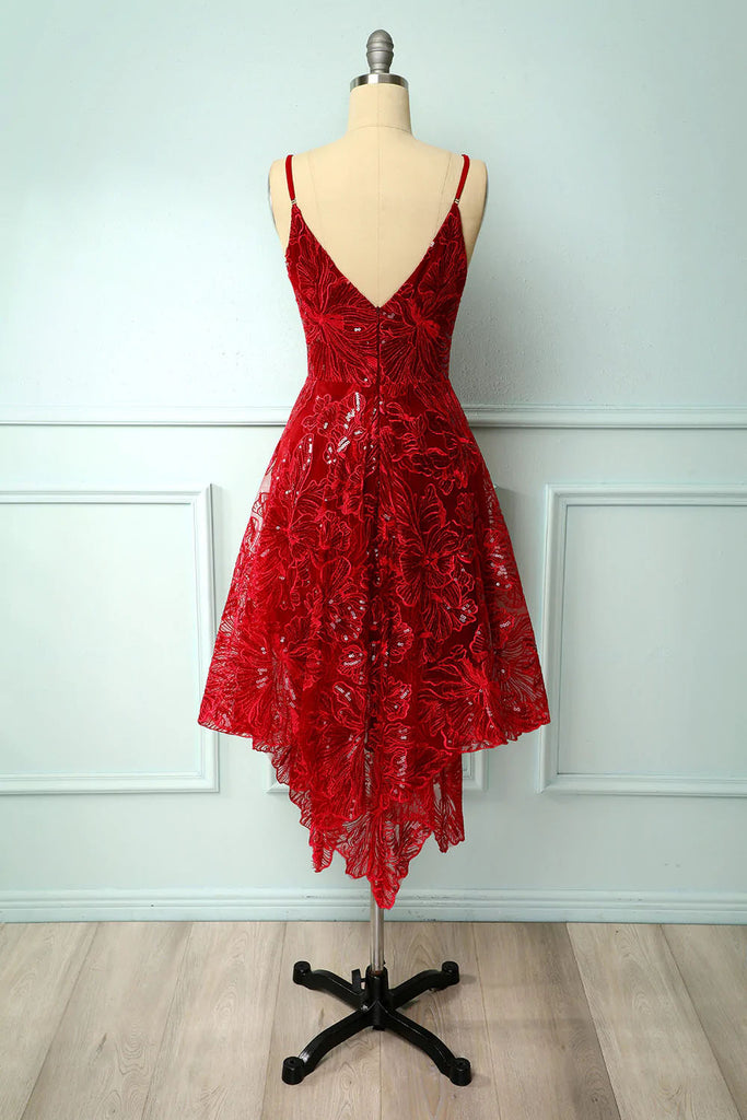 A Line Red Lace Spaghetti Straps V neck Asymmetrical Sequins Homecoming Dresses OMH0119