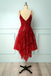 A Line Red Lace Spaghetti Straps V neck Asymmetrical Sequins Homecoming Dresses OMH0119