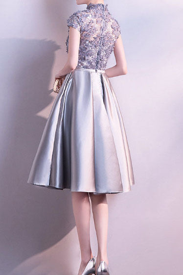 A line High Neck Satin Short Sleeves Homecoming Dresses with Appliques, Cocktail Dress OMH0066