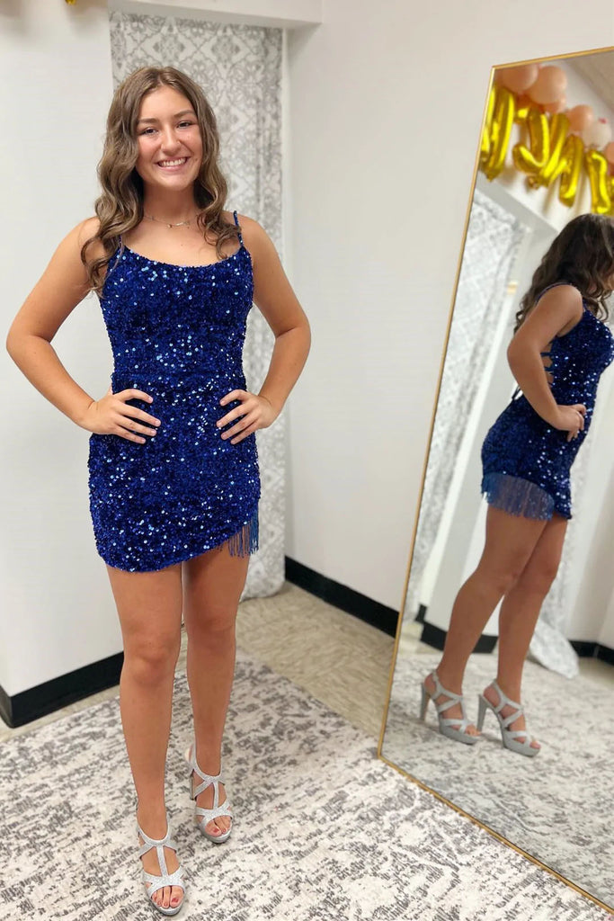Sheath Sequins Spaghetti Straps Tassel Mini Homecoming Dresses, Cocktail Dresses OMH0170
