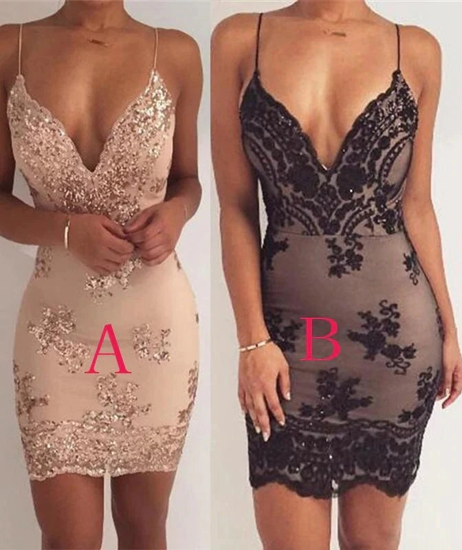 Sheath Spaghetti Straps V Neck Appliques Short Prom Dresses, Homecoming Dress OMH0106