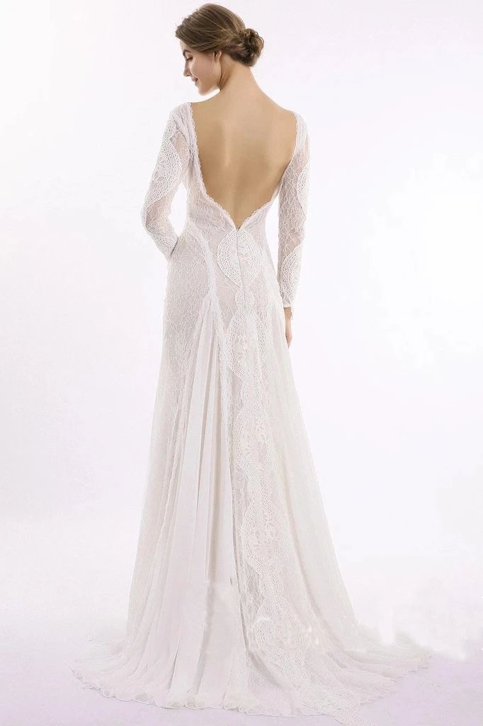 Elegant Lace Bridal Dress, Long Sleeves Backless Beach Wedding Dresses PDN91