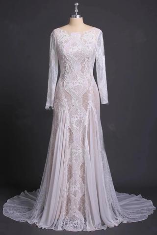 Elegant Lace Bridal Dress, Long Sleeves Backless Beach Wedding Dresses PDN91