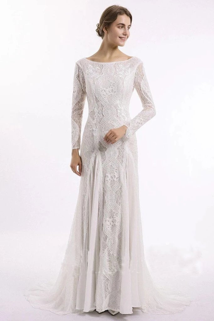 Elegant Lace Bridal Dress, Long Sleeves Backless Beach Wedding Dresses PDN91