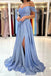Shiny Blue Off the Shoulder A line Long Prom Dress, Sweetheart Slit Formal Dresses OM0381