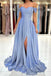 Shiny Blue Off the Shoulder A line Long Prom Dress, Sweetheart Slit Formal Dresses OM0381