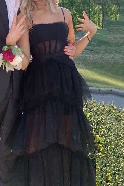 Simple A-line Layered Tulle Black Prom Dresses, Long Party Dance Dresses OM0042
