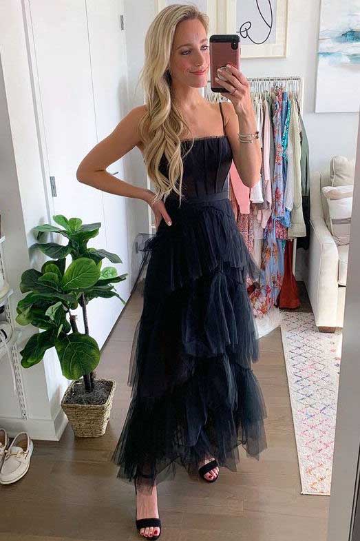 Simple A-line Layered Tulle Black Prom Dresses, Long Party Dance Dresses OM0042