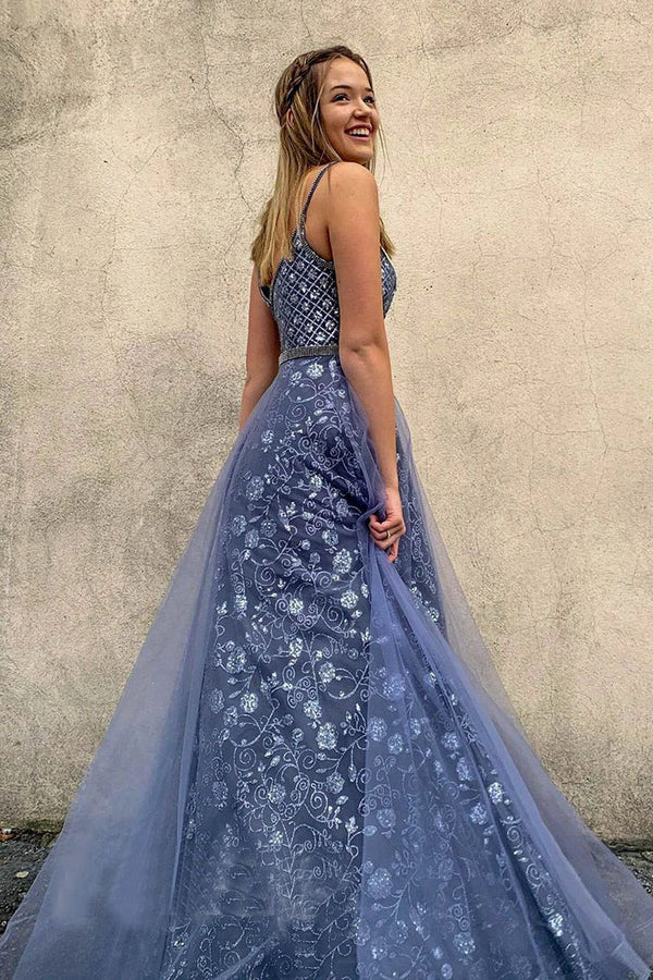 Elegant A line V neck Spaghetti Straps Blue Tulle Prom Dresses, Formal Party Dresses OM0146