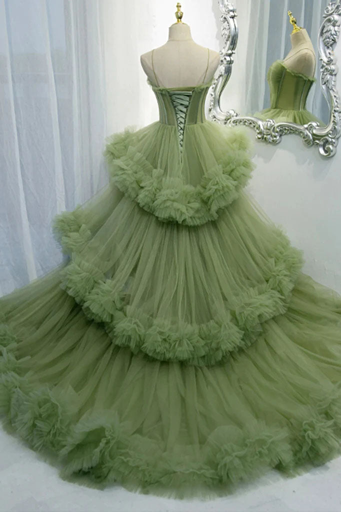 Unique A line Green Tulle Spaghetti Straps Long Prom Dress, Tiered Quinceanera Dress OM0286