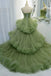 Unique A line Green Tulle Spaghetti Straps Long Prom Dress, Tiered Quinceanera Dress OM0286