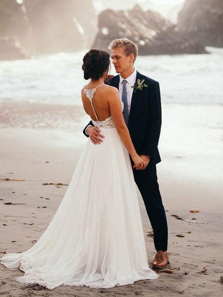 Spaghetti Strap Beaded Ivory Chiffon V Neck Long Cheap Wedding Dresses PDH70