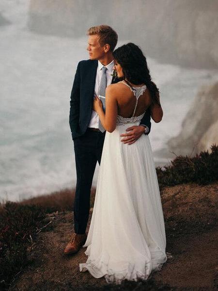 Spaghetti Strap Beaded Ivory Chiffon V Neck Long Cheap Wedding Dresses PDH70