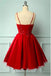 A Line Spaghetti Straps Red Satin Appliques V Neck Homecoming Dresses OMH0071