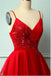 A Line Spaghetti Straps Red Satin Appliques V Neck Homecoming Dresses OMH0071