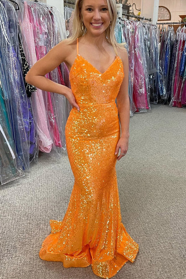 Glitter Mermaid Orange Sequins V Neck Sexy Prom Dress, Spaghetti Straps Party Dress OM0314