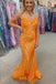 Glitter Mermaid Orange Sequins V Neck Sexy Prom Dress, Spaghetti Straps Party Dress OM0314
