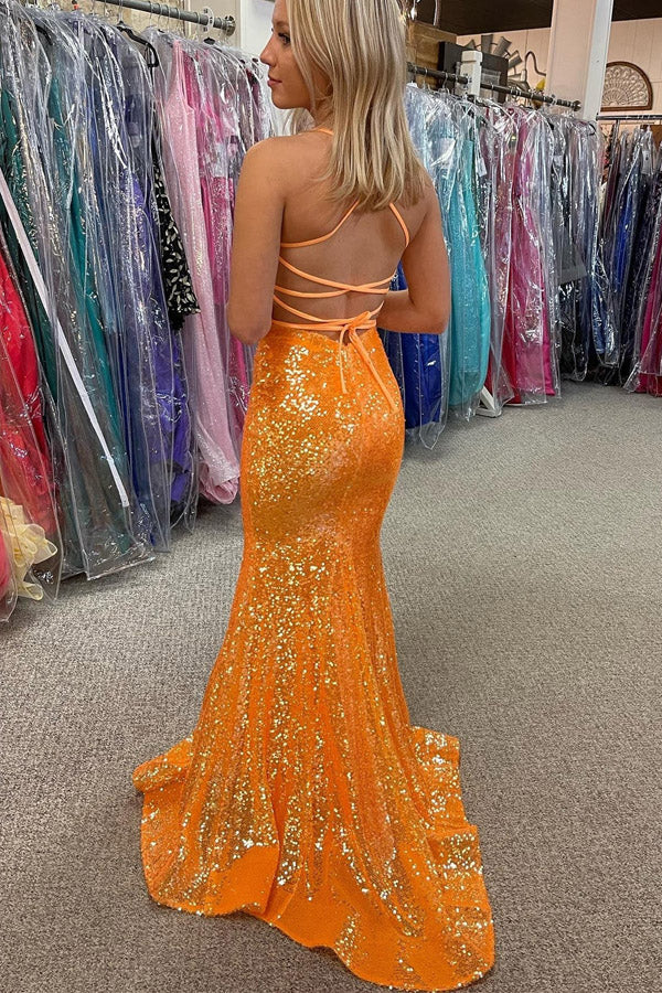 Glitter Mermaid Orange Sequins V Neck Sexy Prom Dress, Spaghetti Straps Party Dress OM0314