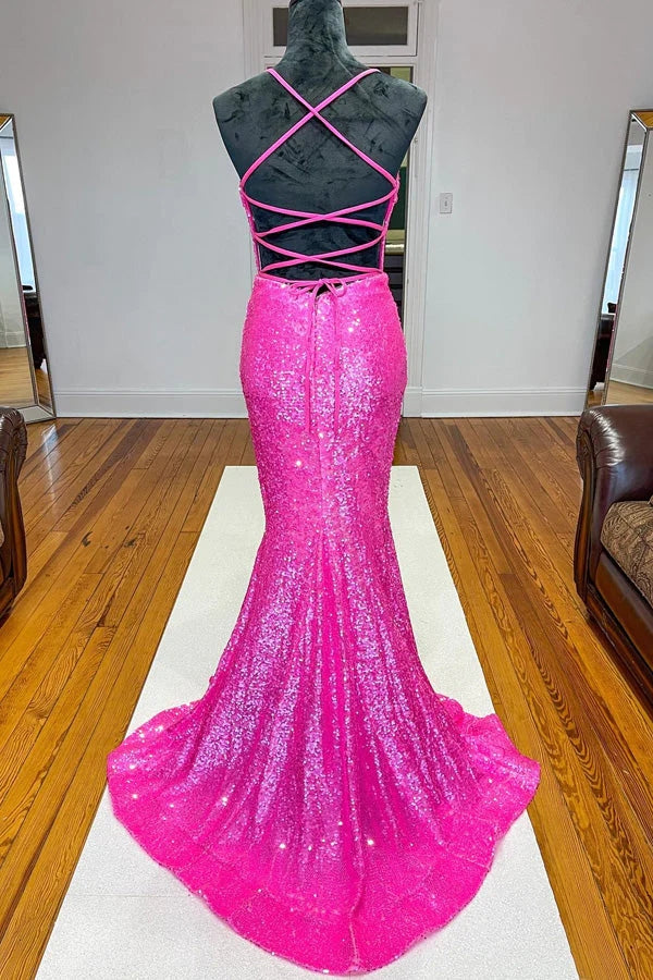 Glitter Mermaid Orange Sequins V Neck Sexy Prom Dress, Spaghetti Straps Party Dress OM0314