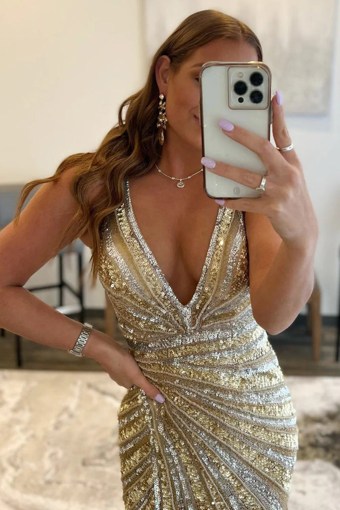 Sparkly Mermaid Golden V Neck Sequins Long Prom Dress With Slit, Formal Dress OM0377