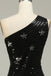 Black Sequins One Shoulder Long Prom Dress With Stars, Floor Length Evening Dress OM0376