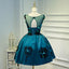 A Line Flower Appliques Round Neck Homecoming Dresses, Blue Short Prom Dress PDN71