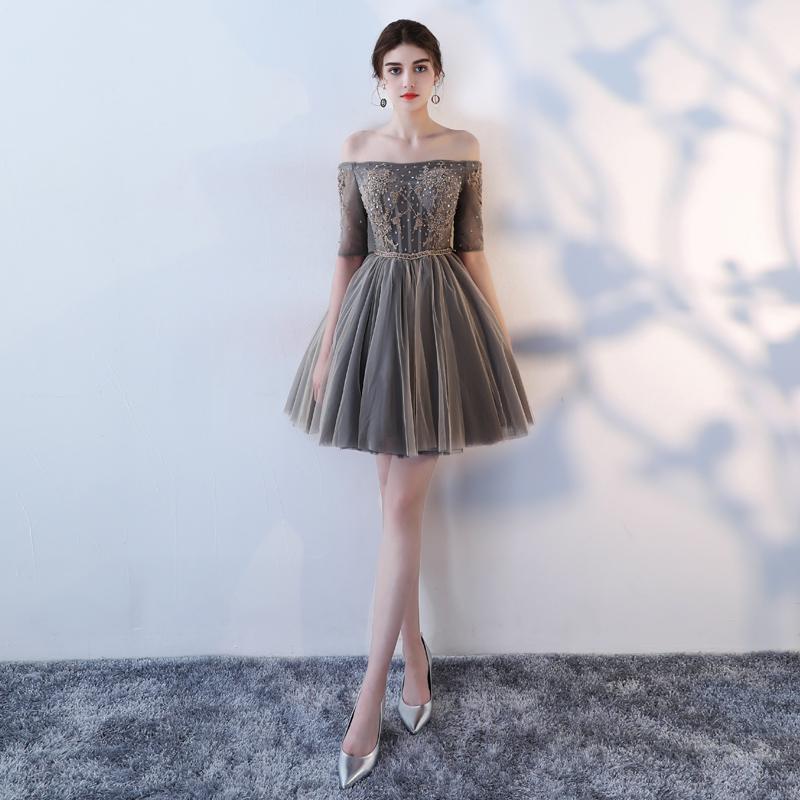 A Line Half Sleeves Off the Shoulder Homecoming Dresses, Short Appliques Prom Dress PDN62