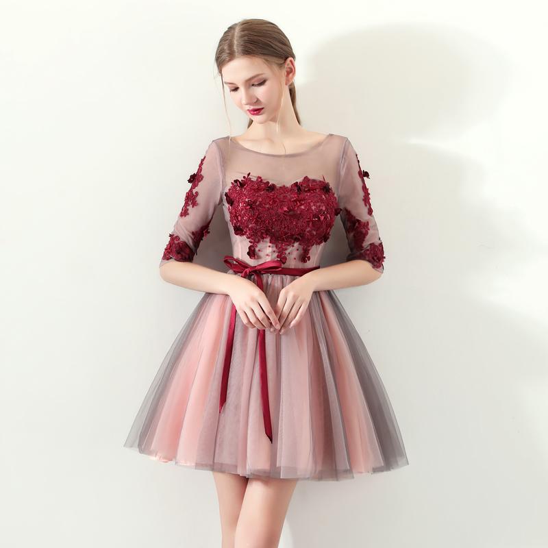 A Line Red Flowers Half Sleeves Homecoming Dresses, Short Appliques Prom Dress PDN61