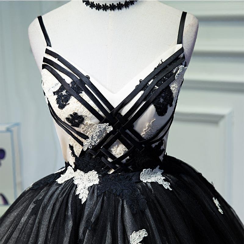 A Line Spaghetti Straps Tulle Black Short Homecoming Dress With Appliques PDN46