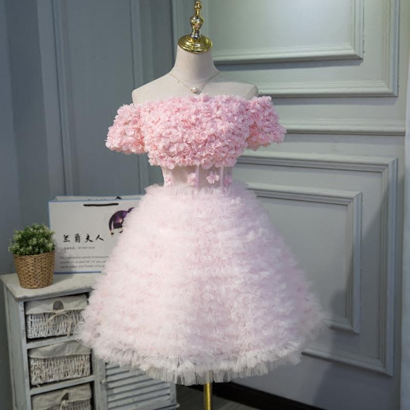 Cute Pink A Line Tulle Off the Shoulder Homecoming Dresses With Flowers PDN53