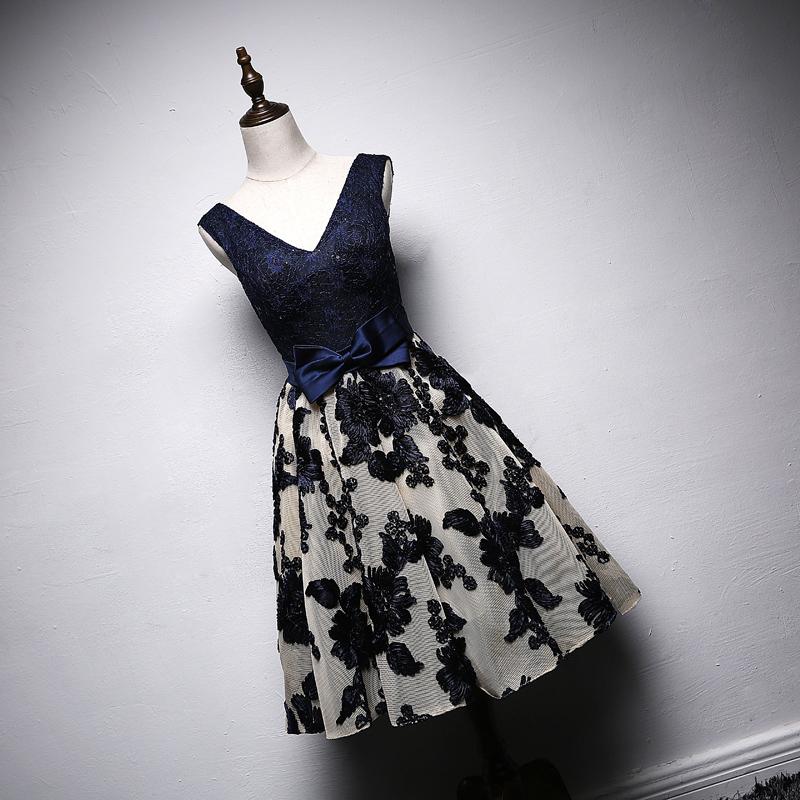 A Line Navy Blue V Neck Homecoming Dresses, Short Bow-knot Prom Dress PDN66