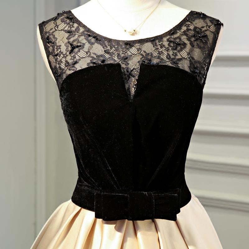 A Line Round Neck Satin Short Homecoming Dresses With Black Lace PDN48